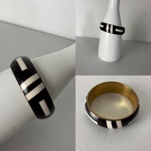 Vtg 60s Mod Chunky Resin Bangle Bracelet Geometric Black White Brass Womens 8in